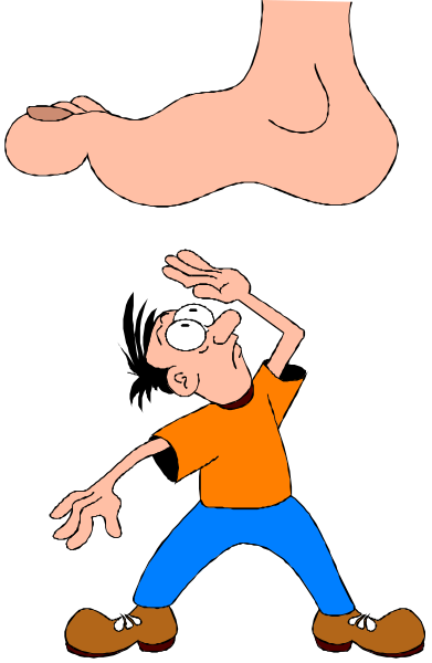 The cartoon shows a man standing next to an exaggeratedly large foot that is holding him up by his head; he appears surprised as if caught in mid-air while looking at it with wide eyes.