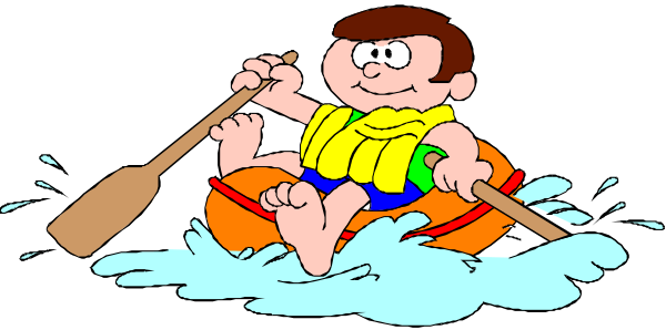 The cartoon shows a boy sitting on an inner tube with oars while wearing life jackets; he is floating downstream in what appears to be rainy weather conditions.