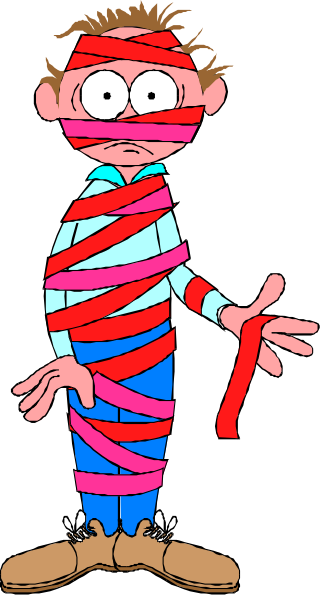 The cartoon shows a man with his arms tied together by red tape; he is standing against a black background.