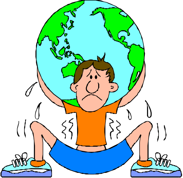 The cartoon shows a person sitting on their knees with hands clasped together under an oversized globe that is balanced precariously above them; sweat droplets fall from it onto the ground below where there's also another smaller globe, and in front of this scene stands a child who appears to be crying.