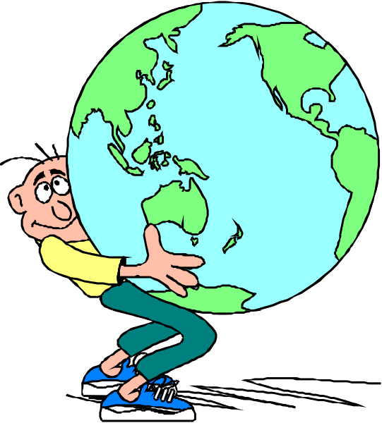 The cartoon shows a man leaning forward with his arms outstretched as if he's holding up an oversized globe that is almost too big for him to carry on one shoulder.