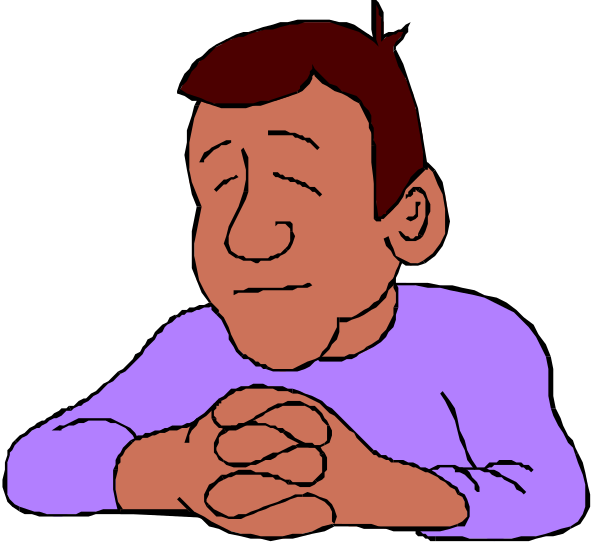 The image shows a cartoon of two men sitting at opposite ends of a table with their hands clasped together on top of it; one man is smiling while looking downward towards his crossed legs, whereas the other appears to be frowning and has both arms resting on the edge of the table in front of him. They are depicted against an indistinct background that does not provide any additional context or setting details.