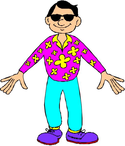 The cartoon shows a man with sunglasses standing against a black background; he is wearing an oversized purple shirt adorned with yellow flowers on it, blue pants, and no shoes.