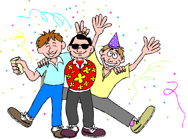The illustration shows three animated characters celebrating with confetti around them; two men wearing party hats and sunglasses stand on either side of a woman who is holding up her arms in excitement while standing between them, all set against a black background that simulates fireworks or sparkles.