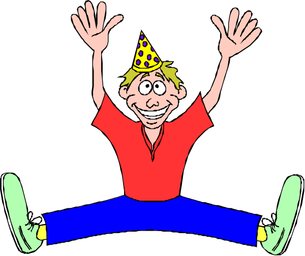 The cartoon shows a man with his arms raised above him while sitting on top of another person's feet; he is wearing blue jeans and white shoes.