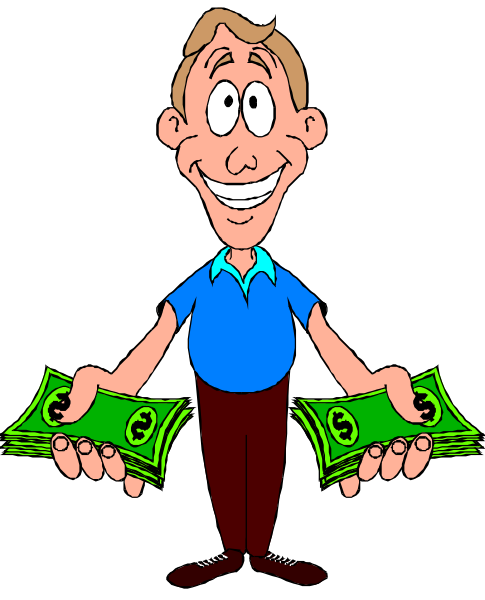 The cartoon shows a man holding two stacks of money with his hands while smiling broadly; he is wearing glasses and has short hair.