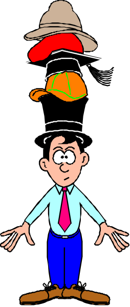 The cartoon shows a man standing upright with his body composed of various hats stacked on top of each other; he is wearing a blue shirt and has arms outstretched as if presenting himself to an audience, which suggests that this image might be used for comedic or educational purposes related to fashion.