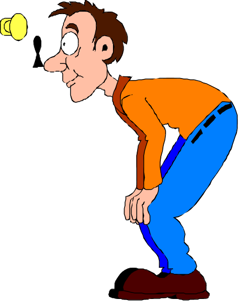 The cartoon shows a man with an exaggeratedly large head leaning forward as if he's about to fall over; his hands rest on knees for support while wearing blue jeans and brown shoes.