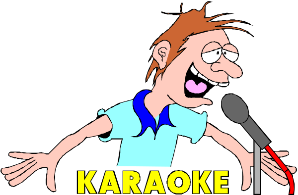 The image features a cartoon character singing into a microphone with his arms outstretched while standing on stage at what appears to be an event called "Karaoke."