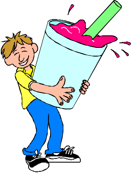 The cartoon shows a person holding up an oversized cup of pink liquid with their arms outstretched as if offering it to someone else who is standing behind them; both characters appear happy in this exaggerated, stylized illustration set against a black background.