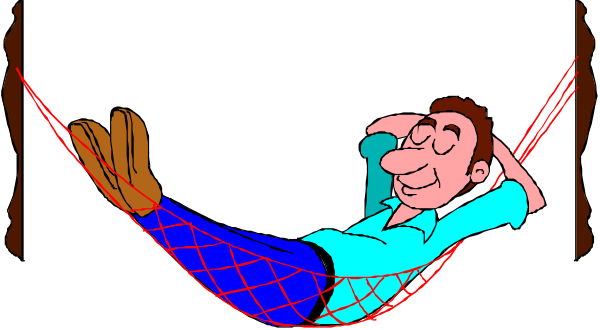 The cartoon shows a man lounging on a hammock with his feet up against a wall while holding onto ropes attached to it; he is wearing blue jeans rolled at the ankles, boots and has brown hair.
