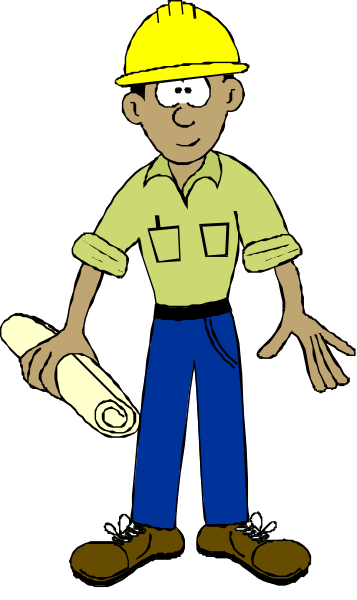 The cartoon shows a man standing with his hands on hips while holding blueprints; he is wearing work clothes including pants, boots, gloves, and carrying tools in one hand. He has short hair and appears to be looking at something off-camera.