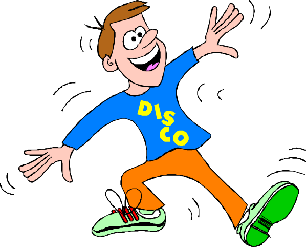 The cartoon shows a man with his arms outstretched as if dancing; he is wearing blue pants, an orange shirt, white shoes, and has short hair. He's holding up one leg while standing on another in mid-air movement. Behind him there appears to be text that says "DISCO" but it might not actually exist or could just be a part of the image design.