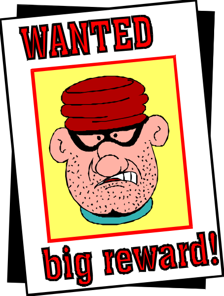 The image shows a wanted poster with an illustration of a man wearing glasses atop his head, red hair sticking out from under them, dressed in a blue shirt adorned with white polka dots, and sporting a yellow bandana around his neck. He is also depicted as having facial stubble. At the top right corner of the poster there's text that reads "BIG REWARD." The background color behind this illustration appears to be red-orange hues with white borders framing it, and in front of him are two lines of bold black letters