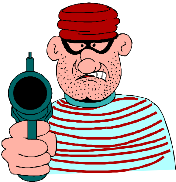 The first panel shows a man with red hair wearing striped clothing holding two guns crossed over his chest; he is pointing to one of them while looking directly at it. In the second panel, this same character appears again but now has blonde hair and no longer holds any weapons or props related to crime.