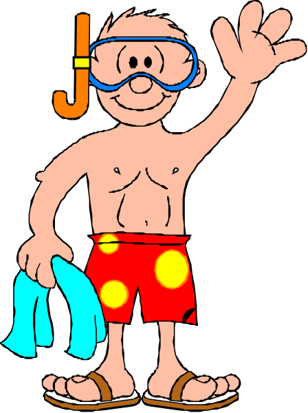 The cartoon depicts a man wearing flippers with his arms outstretched as if waving hello while standing on sandy ground holding blue swim fins in one hand and what appears to be goggles in another, smiling broadly at an unseen audience; he is also dressed casually for swimming.