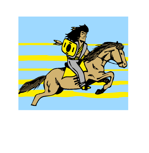The image shows a cartoon of an Indian man riding on top of a horse with yellow hair flying behind him against a blue sky background.