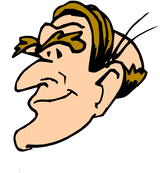 The black and white cartoon features a caricature of an older man with exaggerated facial hair on his chin and mustache above it; he has bushy eyebrows that extend over both eyes, giving him a somewhat stern expression. His nose is prominent in profile view against the dark background.