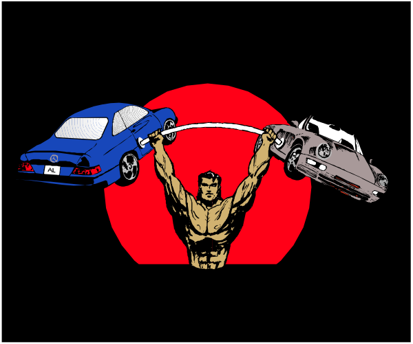 The image shows a black and white illustration of two cars being lifted by an animated muscular man with his arms outstretched above them in front of him against a red background; he is holding one car on each hand, suggesting strength or power.