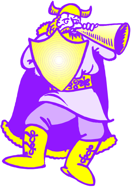 The image shows a cartoon depiction of an ancient warrior with long hair wearing armor holding what appears to be a horn in his right hand while standing on one leg.