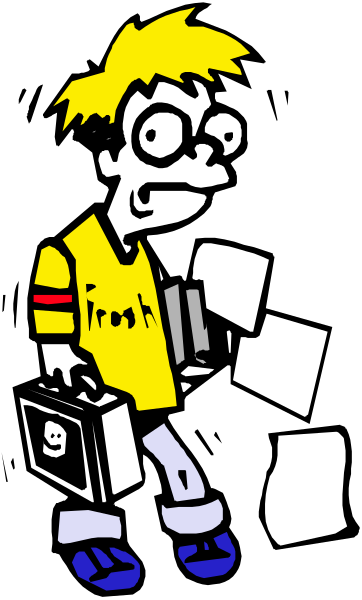The cartoon shows a boy with blonde hair holding papers while standing next to an open briefcase filled with more paperwork; he is wearing glasses and has his hands in front of him as if presenting something, possibly at work or school setting.