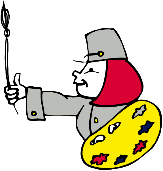 The cartoon depicts a character resembling Marie Curie holding up her finger with approval while standing next to an easel displaying paint brushes in various sizes; she is wearing a red hat and coat, suggesting historical attire for scientific figures of that era.