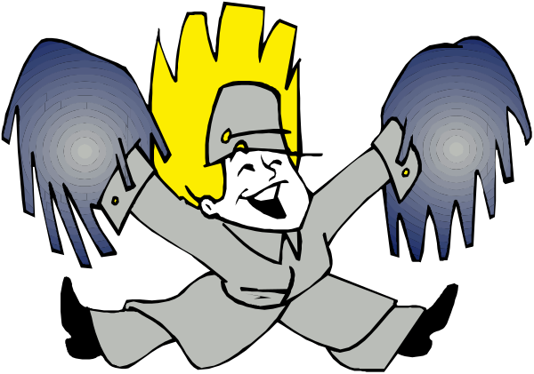 The image shows a cartoon character with wings flying through space; it's an animated depiction of someone celebrating in mid-air against a dark background.
