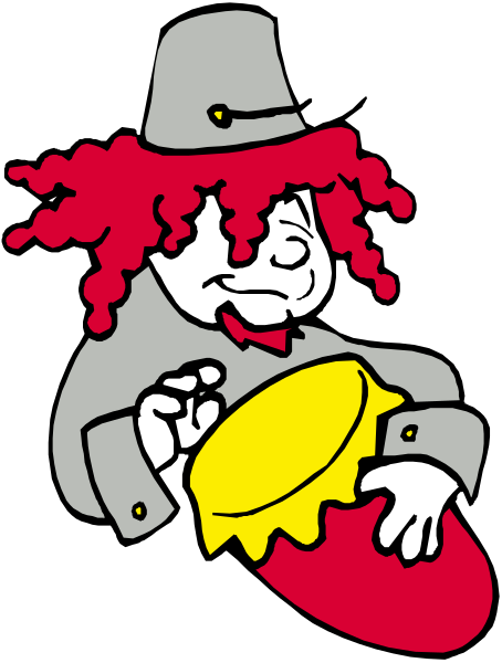 The image shows a cartoon of an animated character with red hair holding what appears to be a large drumstick over his shoulder while wearing a top hat; he is standing in front of a black background that has some text on it, which seems like part of another graphic or design element rather than the main focus.