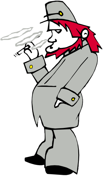 The image shows a cartoon of an animated character who appears to be smoking from his hand while standing next to what looks like a wall with two different backgrounds; one is black and white, showing only silhouettes, and another has more detail in shades of gray.
