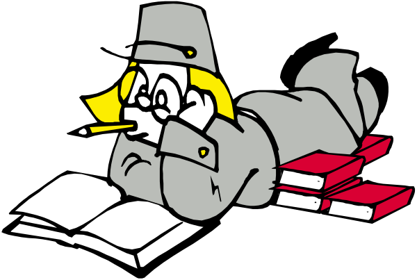The image shows a cartoon of an animated character lying on its stomach with books around it while writing something down using pencils in hand.
