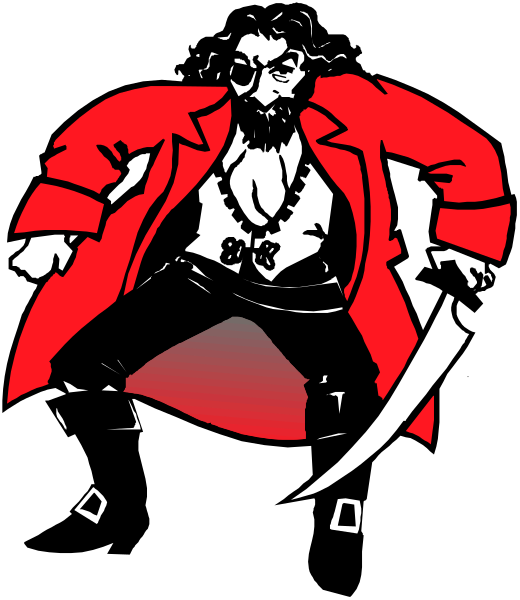 The image shows a cartoon of an animated character dressed as Jack Sparrow from Pirates of the Caribbean holding two swords crossed in front of him while standing on top of what appears to be a ship's deck, with red and black coloring dominating the scene.