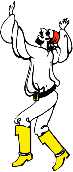 The image shows a black and white cartoon of an animated character that resembles a pirate with yellow boots on his feet standing in front of him holding up one hand as if signaling to someone off-frame, while wearing a hat adorned with what appears to be feathers or plumes.