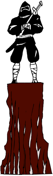 The image shows a black and white illustration of an animated character standing on top of what appears to be red fabric with fringe details at its base; it is set against a gray background that has been divided into two sections by a vertical line, creating a contrast between them.