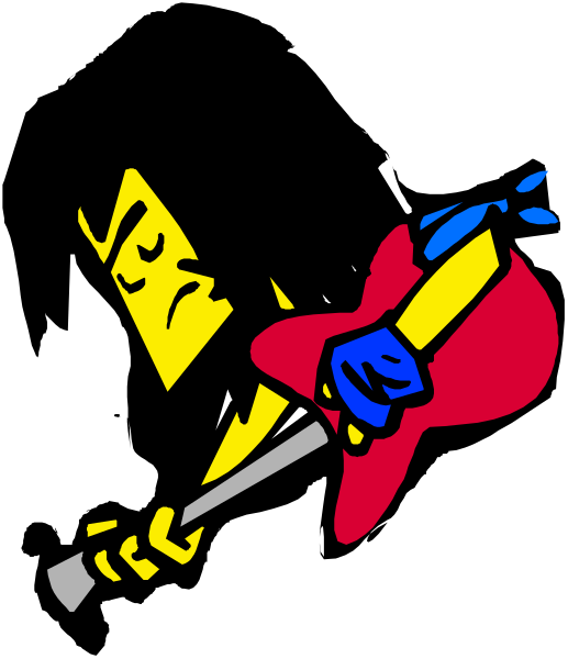 The image shows a cartoon of an animated character playing guitar with their eyes closed while wearing blue gloves.
