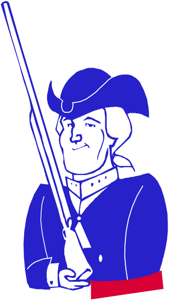 The illustration shows a cartoon of George Washington holding a rifle with his right hand while standing upright against a dark background; he is wearing blue clothing that includes trousers, waistcoat, shirt, coat, and hat adorned with stars on it.