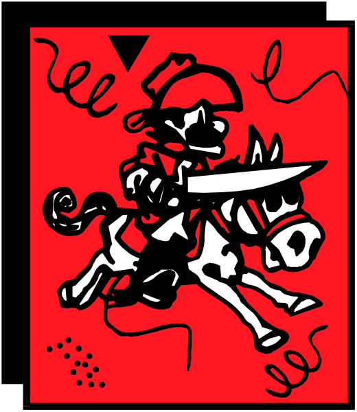 The image shows a black and white line drawing of an animated character riding on top of another horse with swords drawn from their sides; there is also text that reads "ELEEE" in red at the bottom right corner, which appears to be part of the artwork itself rather than being added later.