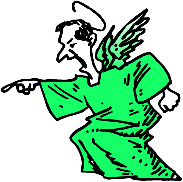 The black and white illustration shows a cartoon of an angel with wings pointing upwards to its sides, wearing robes that resemble clothing from ancient times; it is holding out one hand as if gesturing towards something off-frame while standing on what appears to be a pedestal or platform.