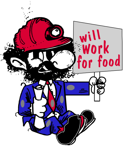 The image features a cartoon character holding up a sign that reads "WILL WORK FOR FOOD."
