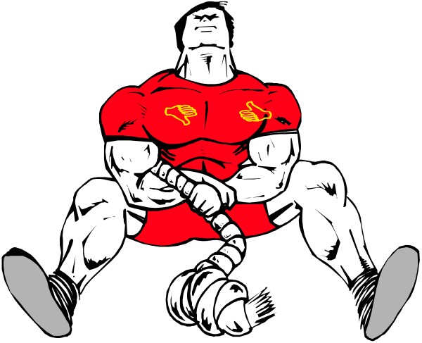 The black and white illustration shows a muscular man with exaggerated features sitting on his knees holding what appears to be an object that resembles a large hammer in one hand while resting it against him with the other, wearing red shorts and no shirt; he has short hair and is looking down.