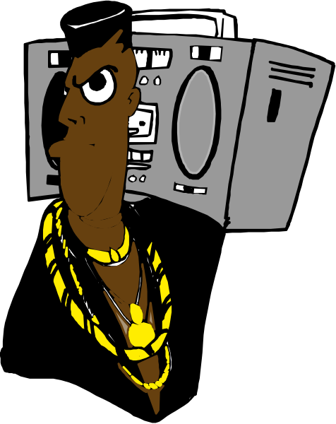 The black and white illustration features a man with dreadlocks wearing gold chains around his neck standing next to an old-fashioned boombox stereo system.