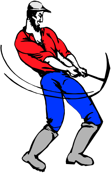 The black and white illustration shows a man with an axe on his back standing next to another person who is holding up their hands in surrender while wearing blue pants.