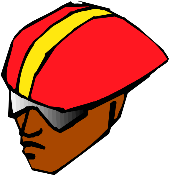 The image shows a stylized graphic of an individual wearing a red helmet with white accents that resembles a motorcycle racer's gear.
