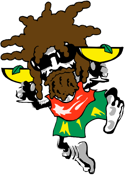 The black and white illustration shows a cartoon character with dreadlocks wearing sunglasses on top of his head, holding what appears to be an object in each hand while standing upright against a dark background.