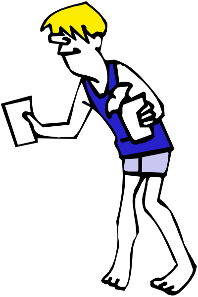 The black and white illustration shows a man holding an envelope with his left hand while walking away from it using his right arm for balance on what appears to be a dark background.