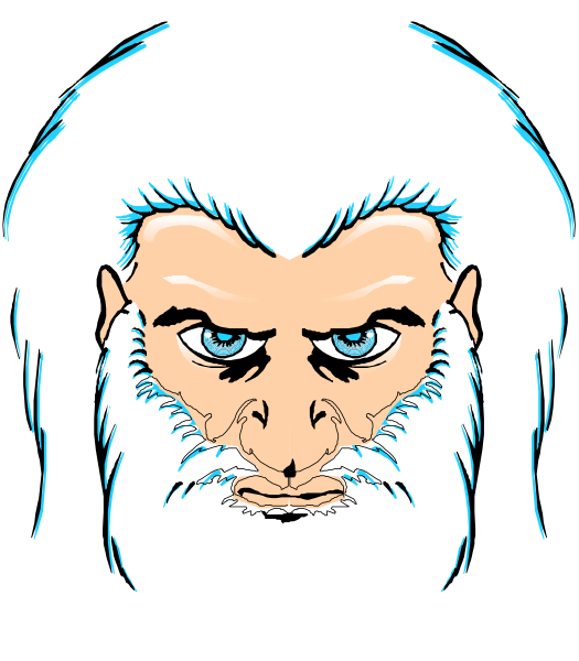 The image shows a close up of an animated character with long white hair that appears to be styled like a beard on either side of his face; he has blue eyes and is looking directly at the viewer. He wears no clothing, revealing only skin-toned flesh tones without any visible tattoos or markings. The background behind him consists solely of blackness with two white lines that seem to be part of a larger image outside this frame.