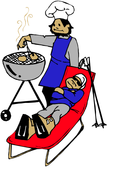 The illustration depicts a chef standing next to an outdoor grill with food on it while another person is lying down in what appears to be a dentist's chair being wheeled by someone else who seems to have been replaced as cook, all set against a black background.