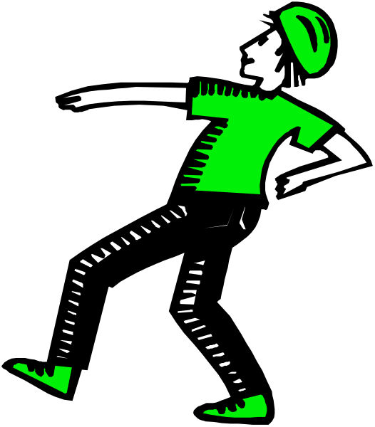 The image shows a black silhouette of an animated character dancing with green shoes on its feet against a white background.