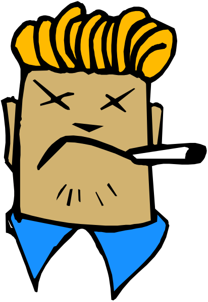 The image shows a cartoon of an adult male with blonde hair wearing sunglasses over his eyes; he has tattoos on both arms and is holding what appears to be a cigarette in one hand while making a face that suggests displeasure, possibly frustration or annoyance. He's dressed casually in blue jeans and no shirt visible above the waistline of the image frame. The background consists only of black space with white lines suggesting depth but not providing any additional context about location or setting beyond what is immediately apparent from his attire and expression.