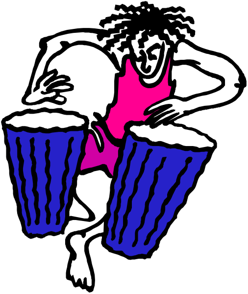 The image shows a cartoon of an animated character playing drums with two hands on drumsticks while standing next to them in front of what appears to be a microphone stand.