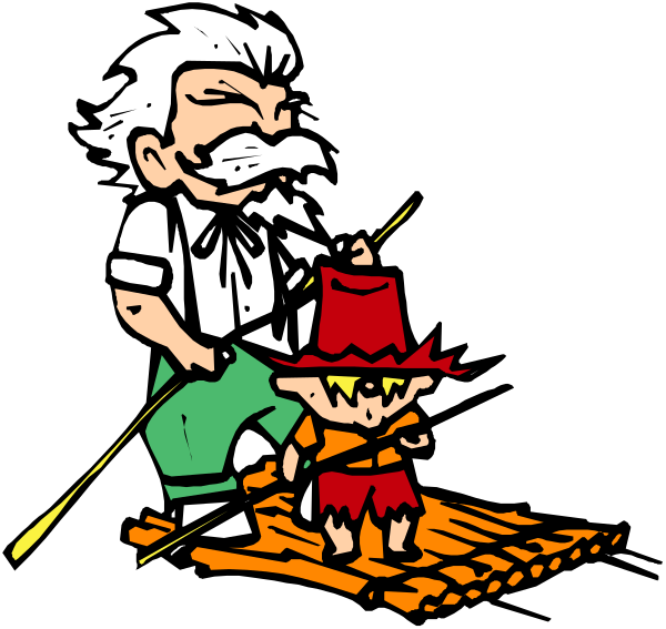 The image shows a cartoon of an older man with white hair wearing glasses fishing while standing on a boat that is floating in water next to another smaller figure who appears to be holding onto him for support; both characters have exaggerated facial features and expressions, suggesting this might be from an animated show or comic.